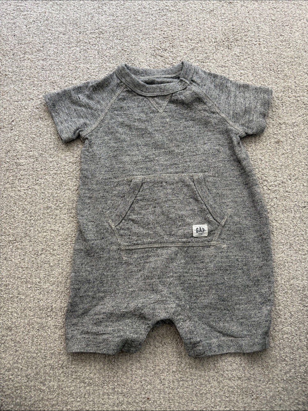 GAP Heather Gray Short Sleeve Knit Romper with Kangaroo Pocket